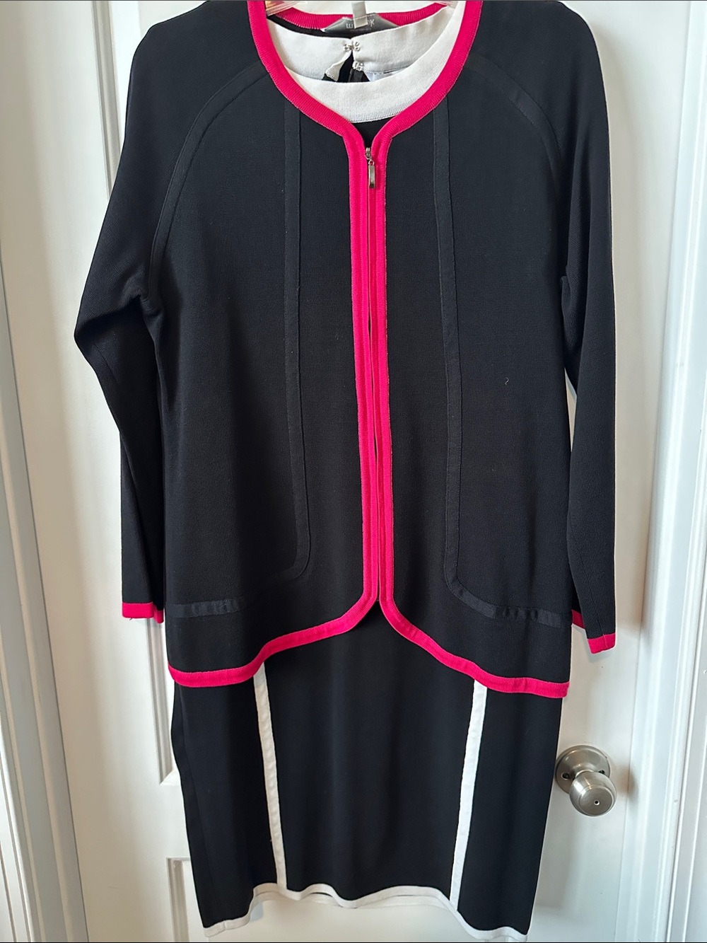 Misook Black Knit Two-Piece Set with Hot Pink Trim